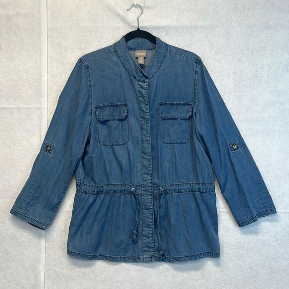 CHICO'S Shacket Utility Jacket 2/Large Blue Button Front Chambray Roll Tab Sleev - Picture 1 of 14